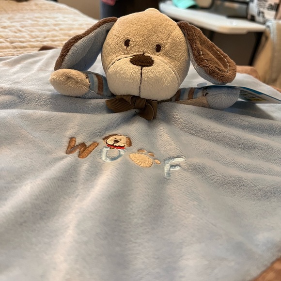 Carter's “WOOF” Blue & Brown Puppy Dog Lovey Rattle Blanket - Picture 7 of 9